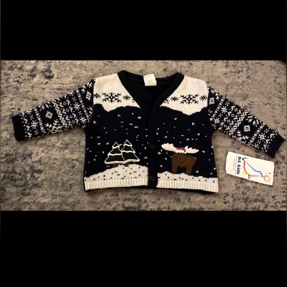 B.T. Kids Vintage 90s Y2K Winter Navy Moose Sweater Cardigan- Baby Boy 3-6 Month